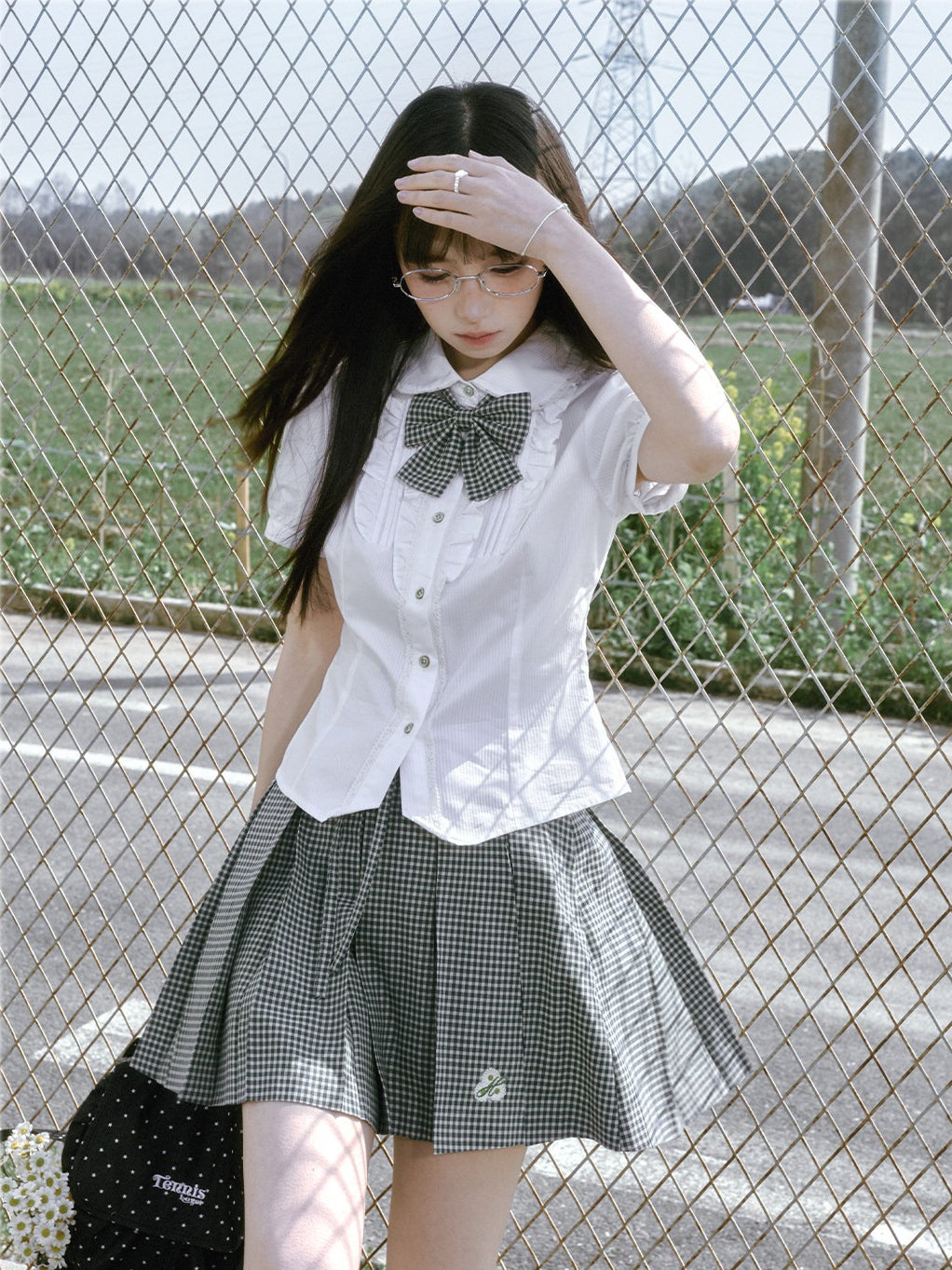 “Spring Day” White & Green School Blouse & Plaid Skirt Set