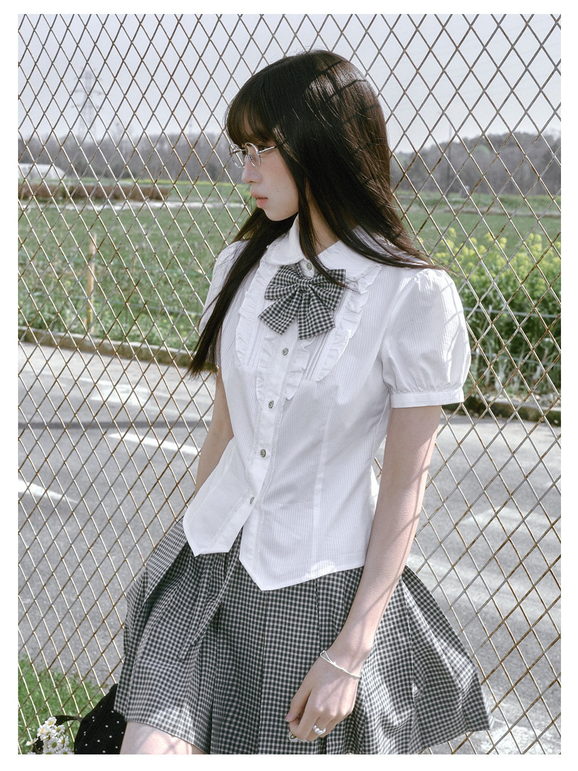 “Spring Day” White & Green School Blouse & Plaid Skirt Set