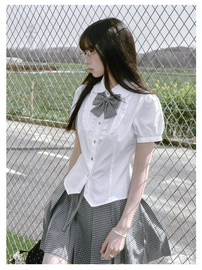 “Spring Day” White & Green School Blouse & Plaid Skirt Set