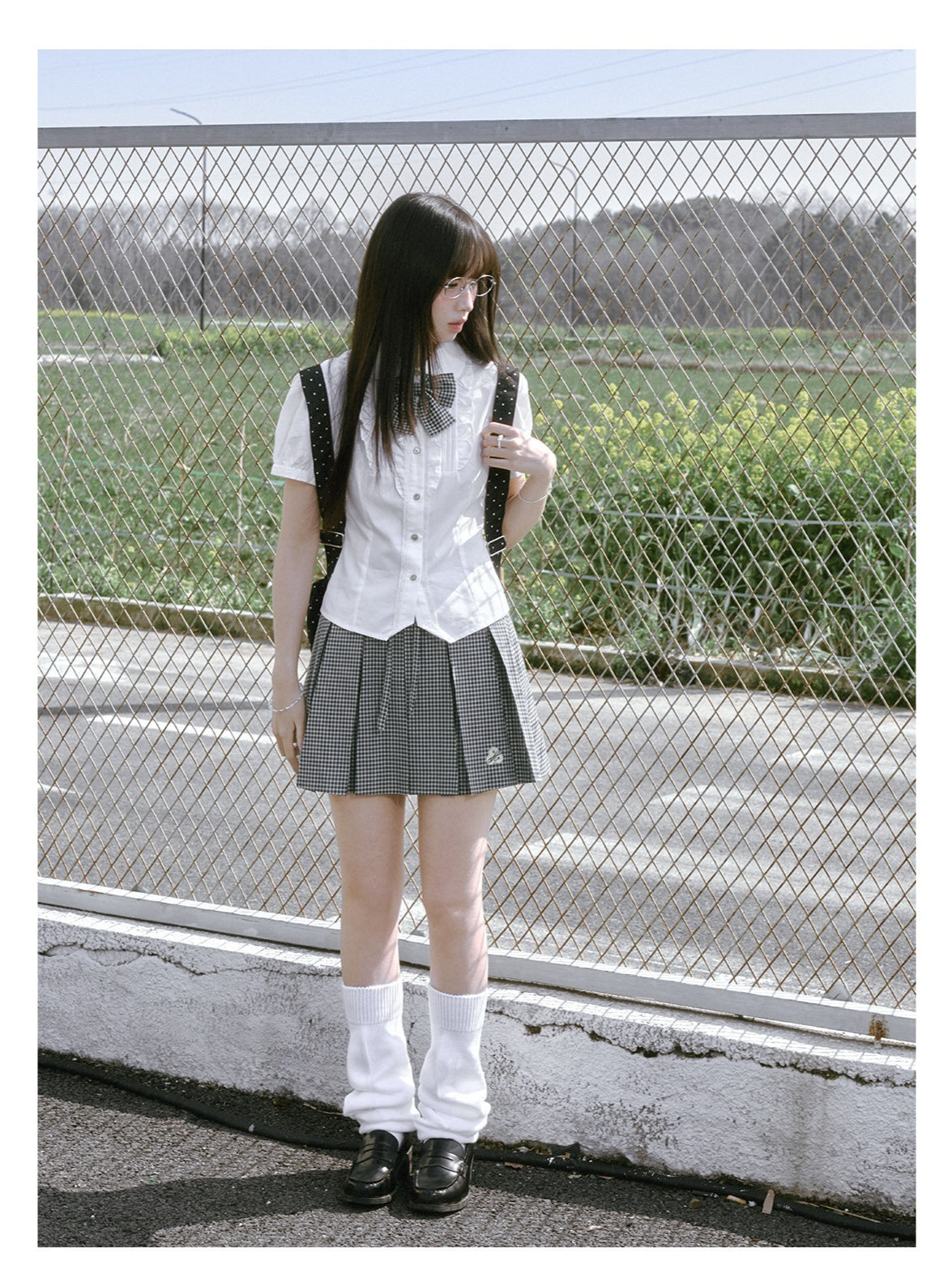 “Spring Day” White & Green School Blouse & Plaid Skirt Set