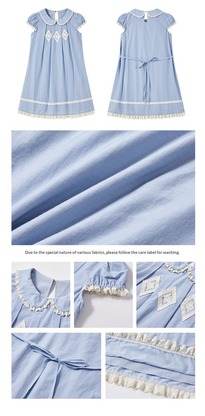 "Sweet Tea Doll" Haze Blue Lace Puff Sleeve Peter Pan Collar A-Line Dress