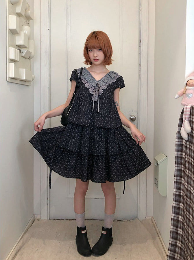 “Midnight Petal” Gray-Black Floral Top & Tiered Dress