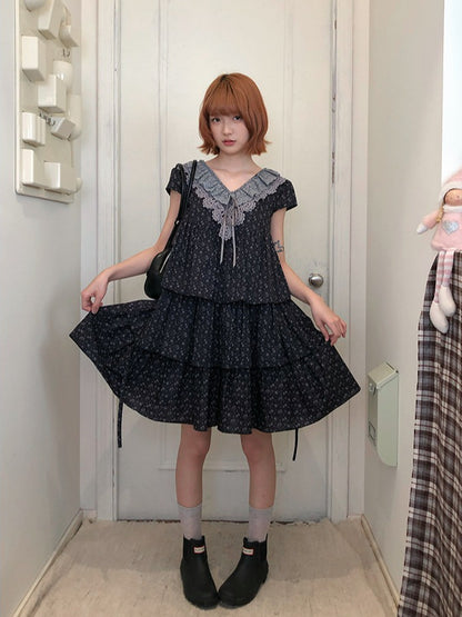 “Midnight Petal” Gray-Black Floral Top & Tiered Dress