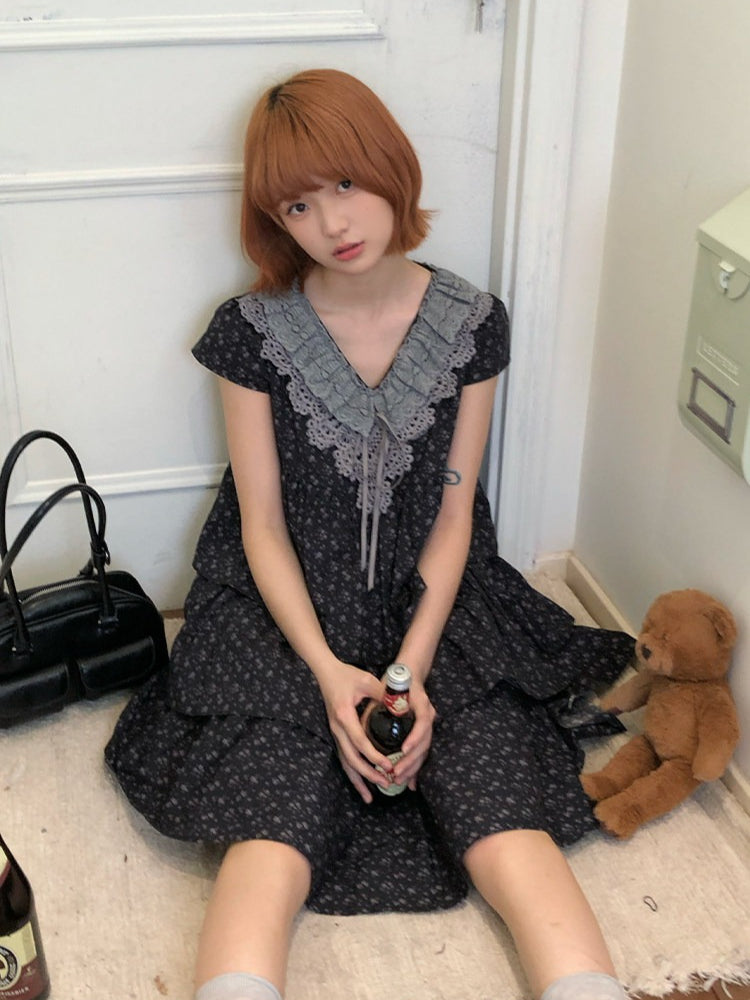 “Midnight Petal” Gray-Black Floral Top & Tiered Dress