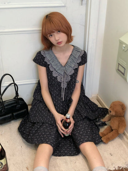 “Midnight Petal” Gray-Black Floral Top & Tiered Dress