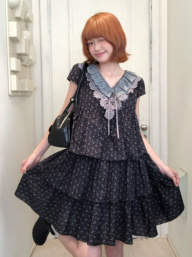 “Midnight Petal” Gray-Black Floral Top & Tiered Dress