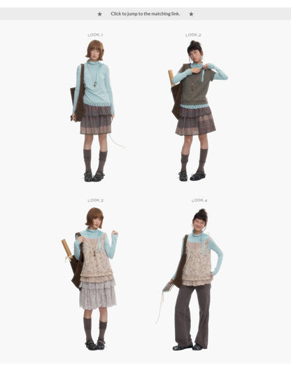 “Mint Milk Pudding” Mint Blue Lace-Trimmed Mock Neck Knit Top