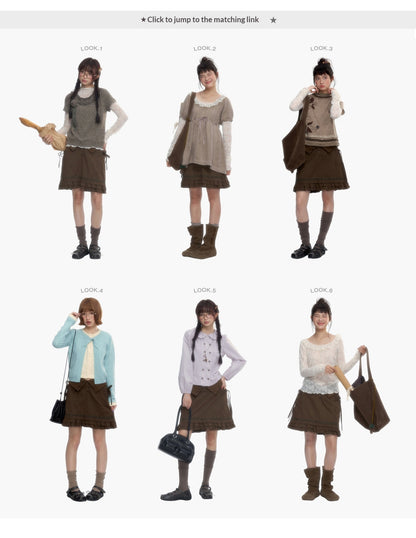 “Wild Caramel” Brown Washed Layered Ruffle Bow Pocket A-Line Skirt