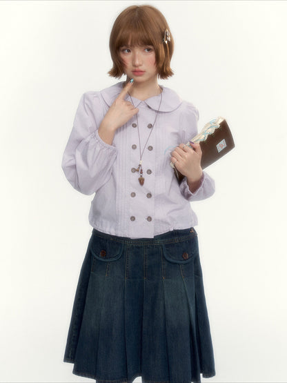 “Academy Melody” Navy Plaid & Dusty Purple Peter Pan Collar Cotton Shirt (Navy Plaid / Dusty Purple)