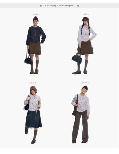 “Academy Melody” Navy Plaid & Dusty Purple Peter Pan Collar Cotton Shirt (Navy Plaid / Dusty Purple)