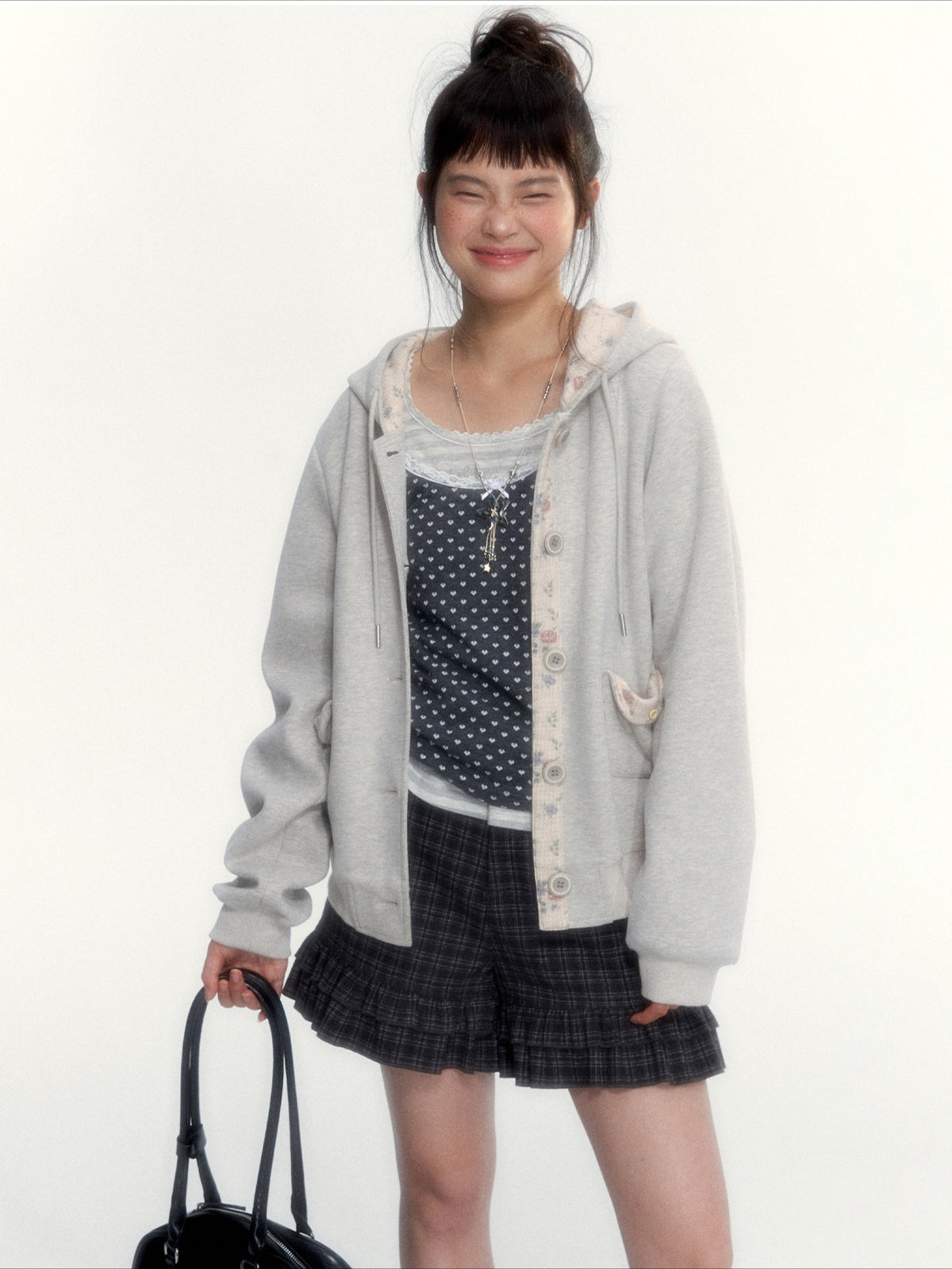 “Blooming Reverie” Light Heather Gray Floral Hooded Cardigan Sweatshirt