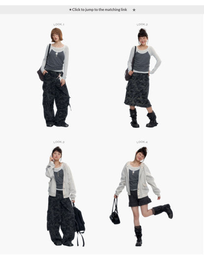 “Early Gray” Light Gray Striped Lace-Trimmed Fitted Long-Sleeve Top