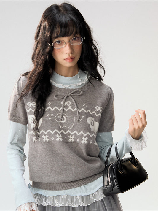 [CAN] "Little Lamb Adventure" Gray Jacquard Bow-Detail Short Sleeve Knit Top
