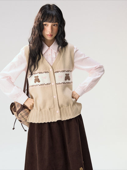 [CAN] "Bear Waltz" Brown Bow Jacquard Knit Vest