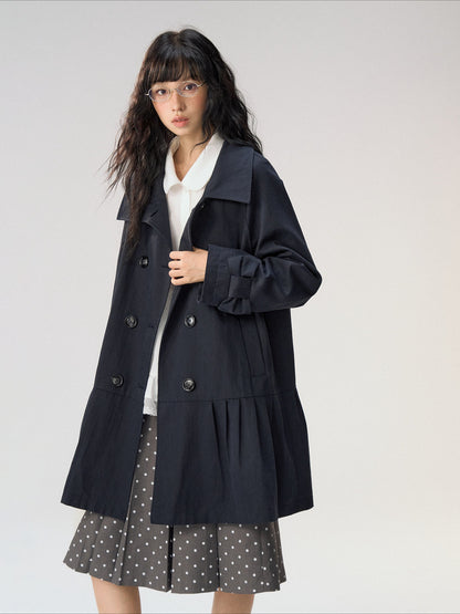 [CAN] "Azure Echoes" Navy Double-Breasted Bow Long Trench Coat