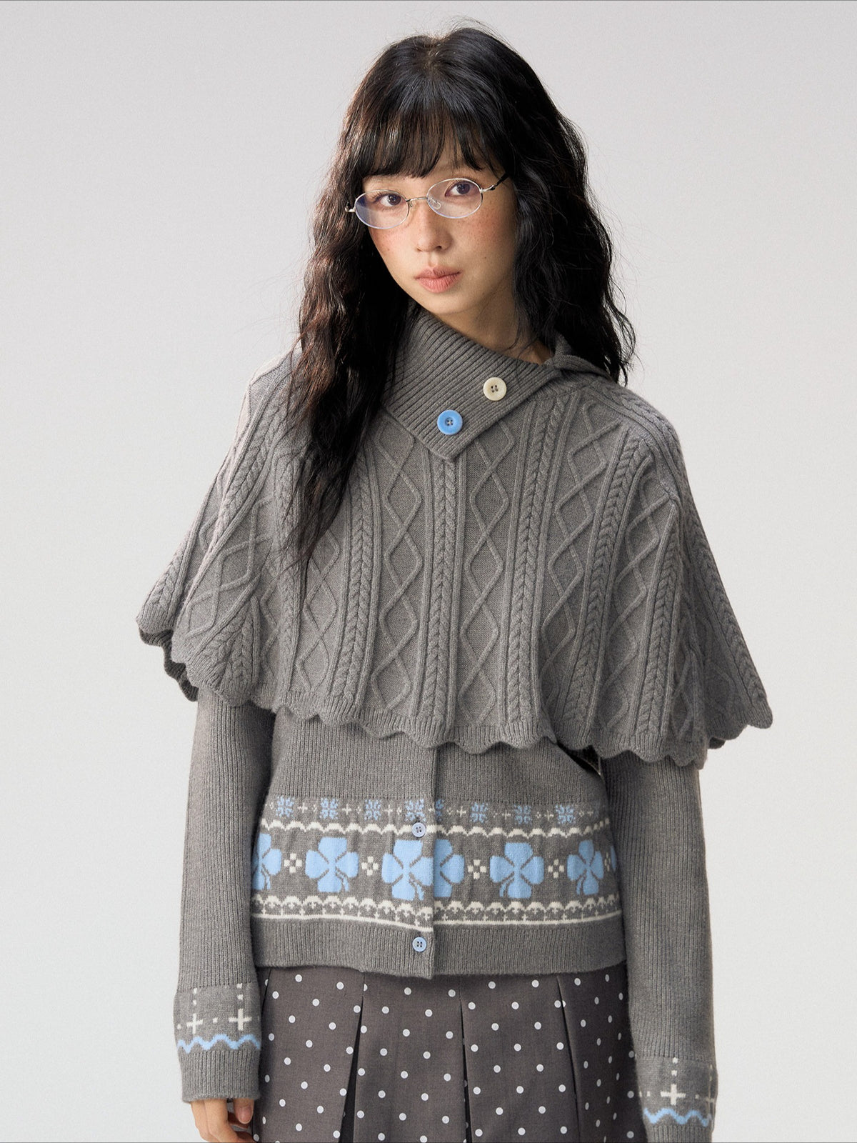 [CAN] "Witch's Wings" Gray Jacquard Knit Set (Cape Shawl / Cardigan)