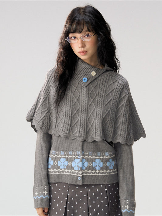 [CAN] "Witch's Wings" Gray Jacquard Knit Set (Cape Shawl / Cardigan)
