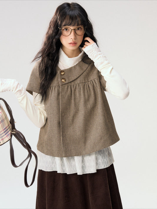[CAN] “Autumn Plaid Letter” Brown Houndstooth Asymmetric Collar Top