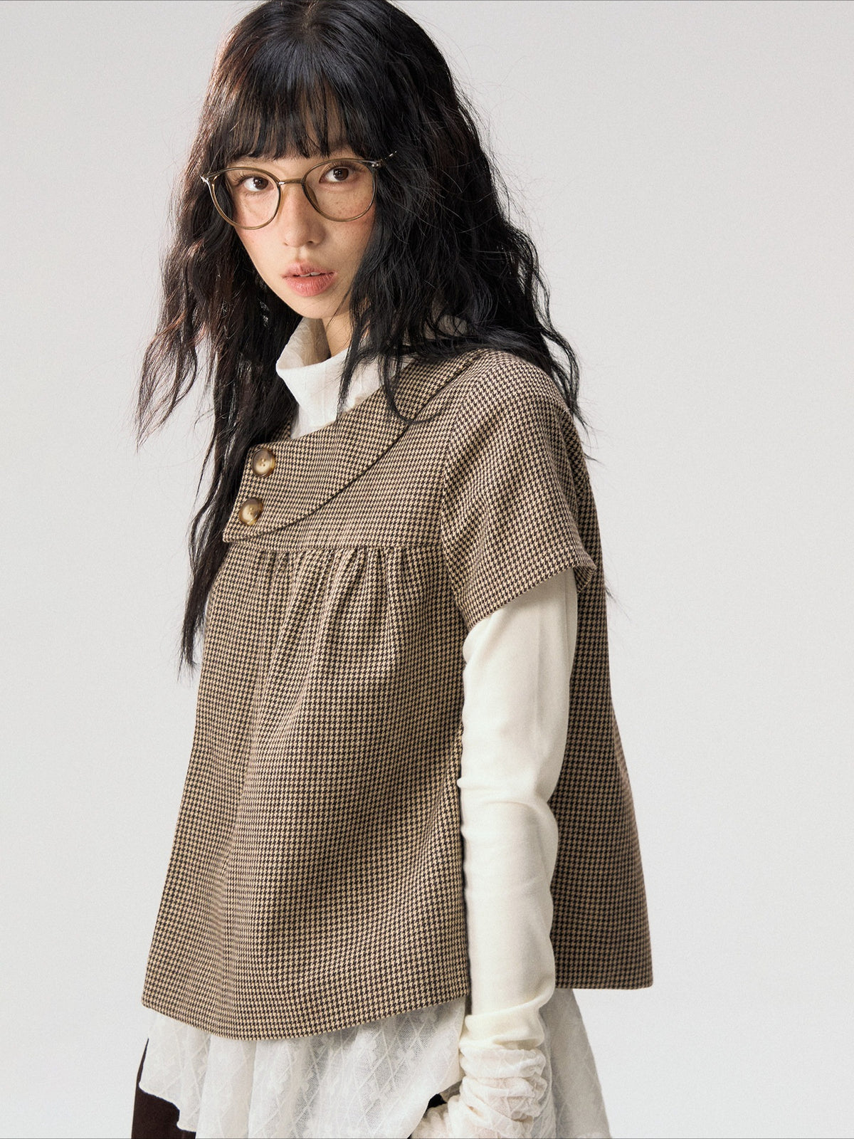 [CAN] “Autumn Plaid Letter” Brown Houndstooth Asymmetric Collar Top
