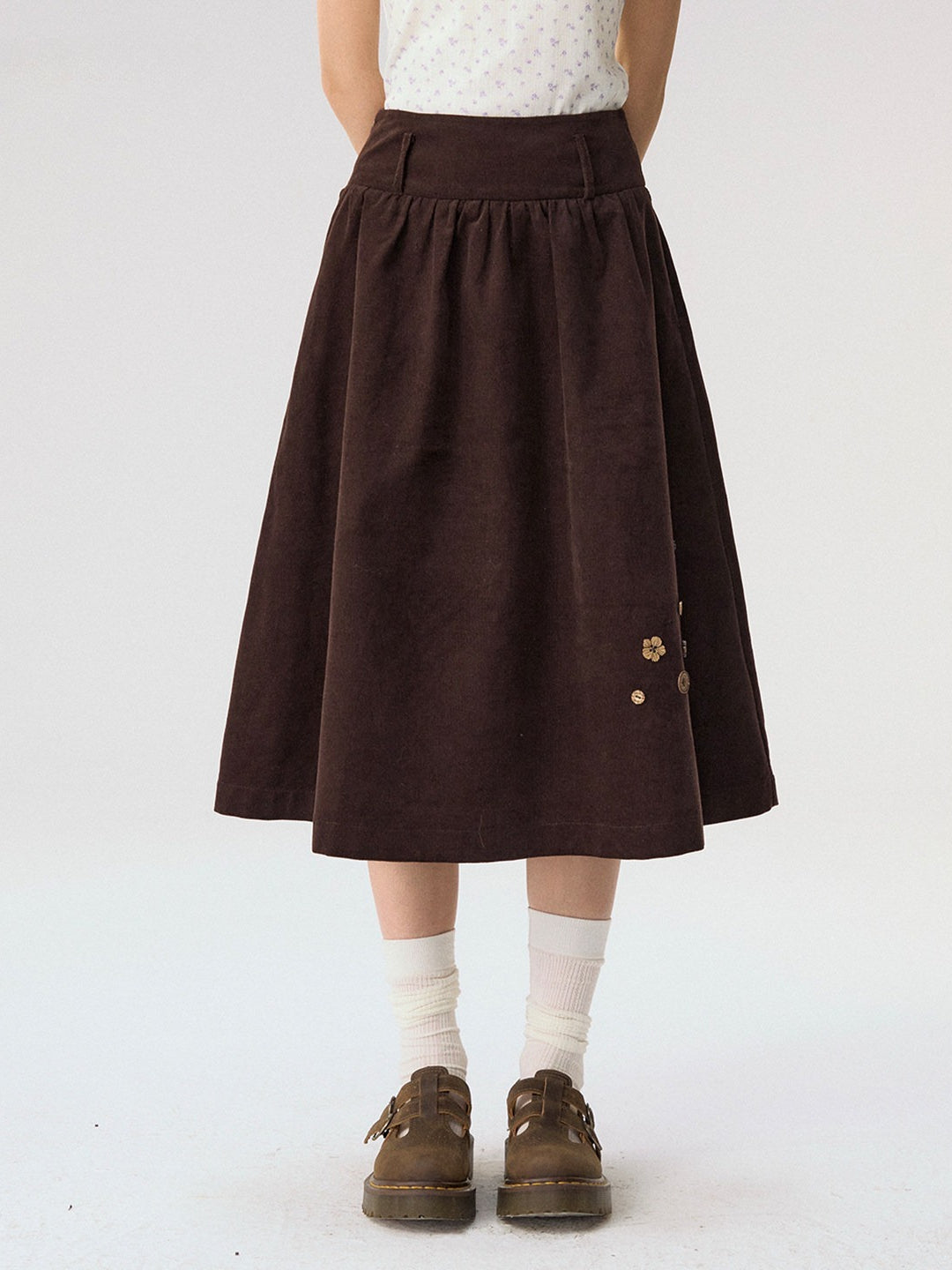[CAN] “Caramel Glow” Brown Corduroy High-Waist A-Line Skirt