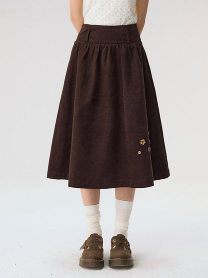 [CAN] “Caramel Glow” Brown Corduroy High-Waist A-Line Skirt