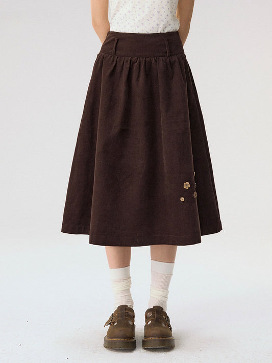 [CAN] “Caramel Glow” Brown Corduroy High-Waist A-Line Skirt