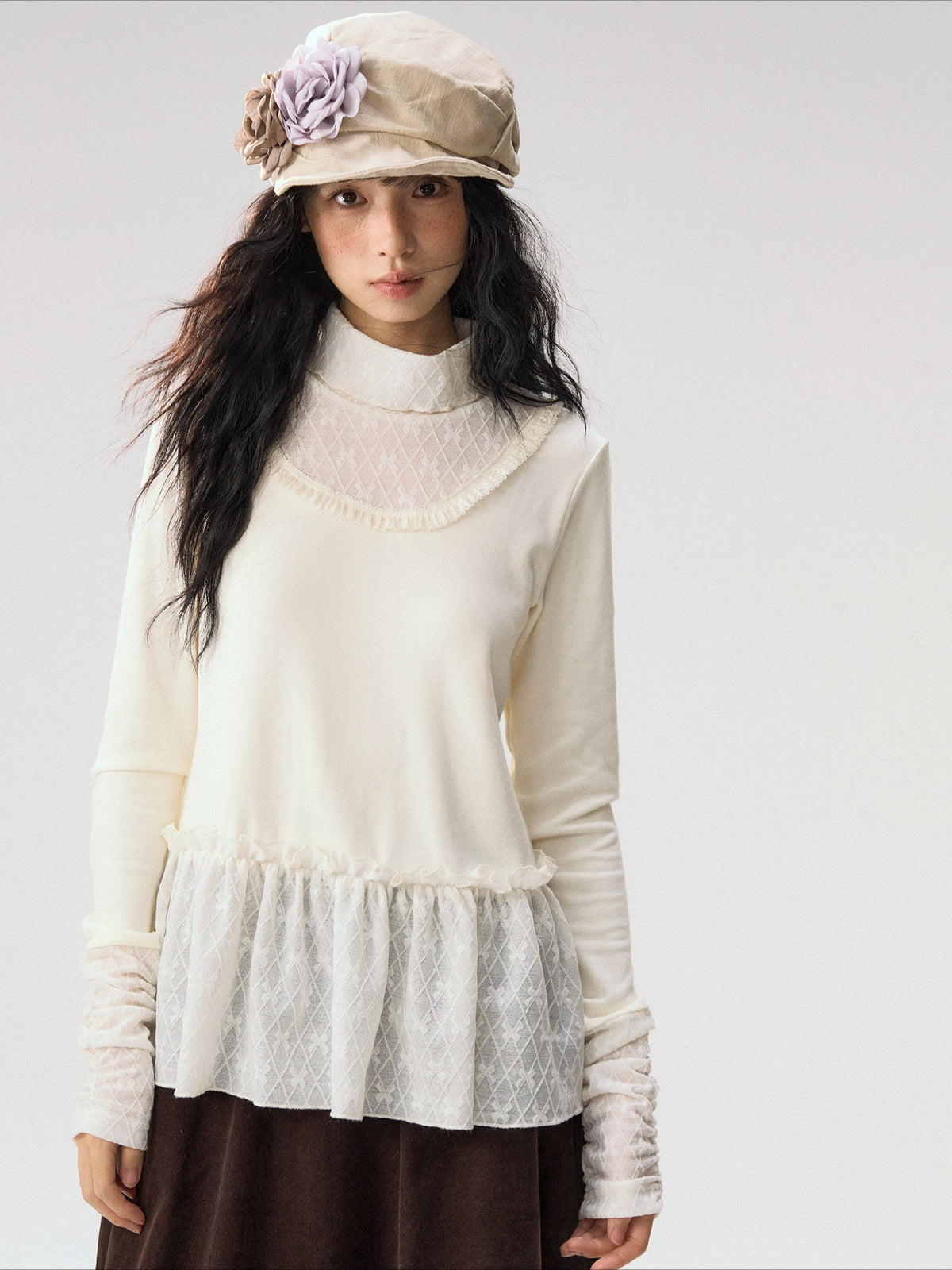 [CAN] “Cream Cloud” Ivory Lace Ruffle High-Neck Top