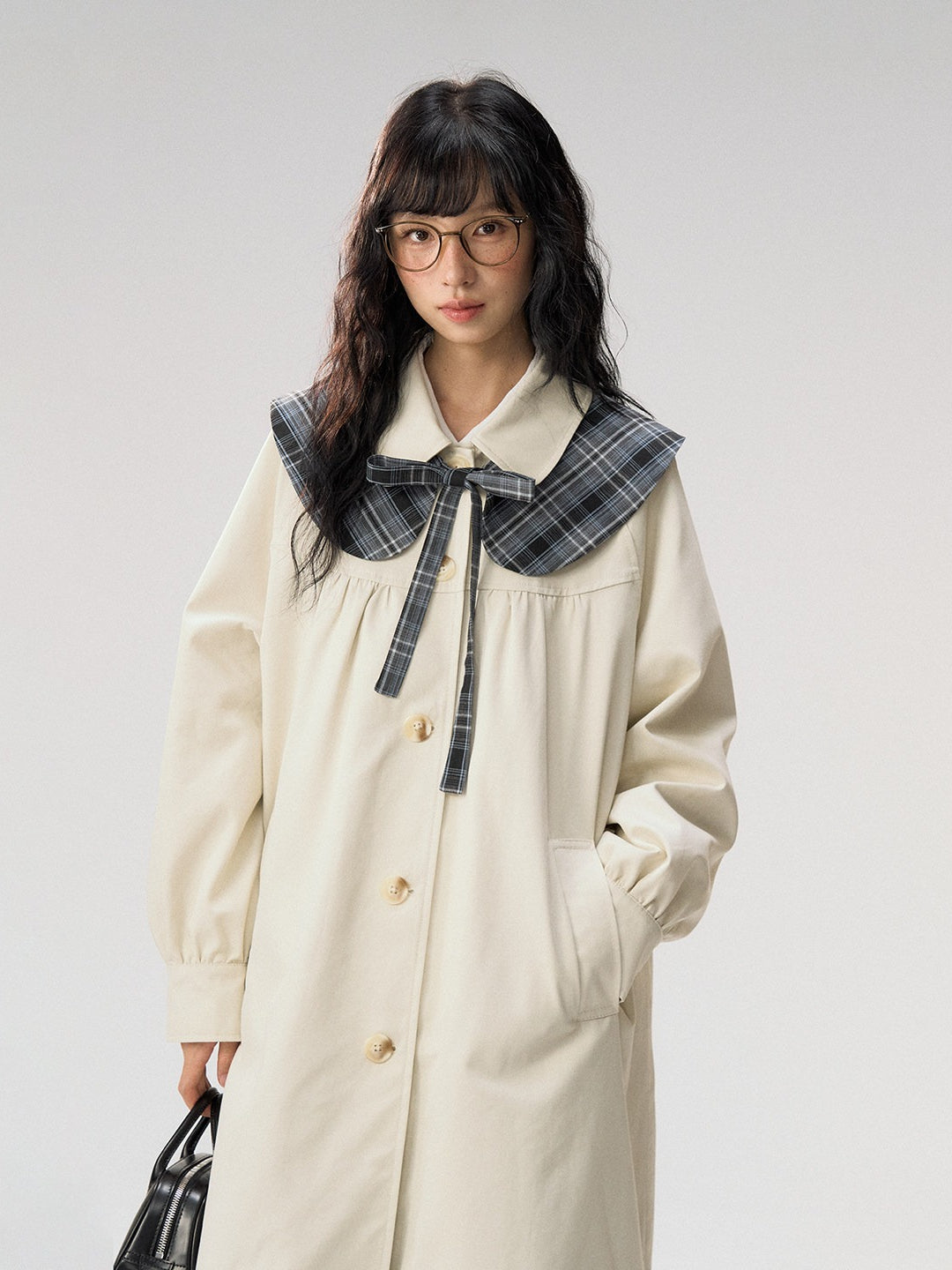 [CAN] “Oat Check Collar” Apricot Bow Cape Collar Trench Coat