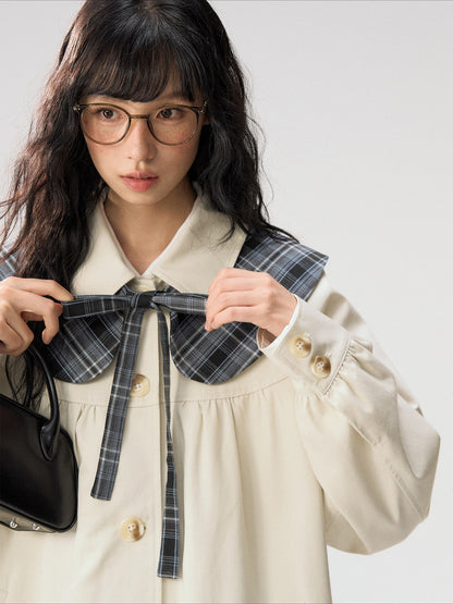 [CAN] “Oat Check Collar” Apricot Bow Cape Collar Trench Coat
