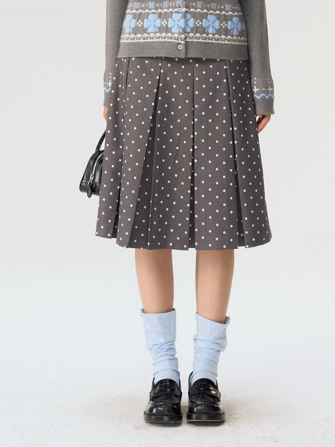 [CAN] “Misty Dot” Gray Polka Dot Pleated A-Line Midi Skirt