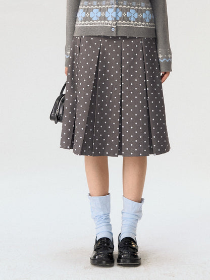 [CAN] “Misty Dot” Gray Polka Dot Pleated A-Line Midi Skirt