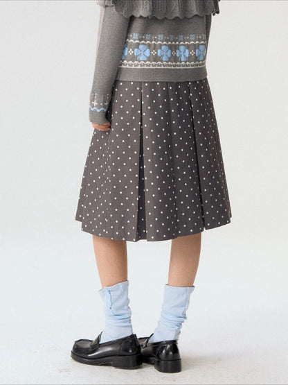 [CAN] “Misty Dot” Gray Polka Dot Pleated A-Line Midi Skirt