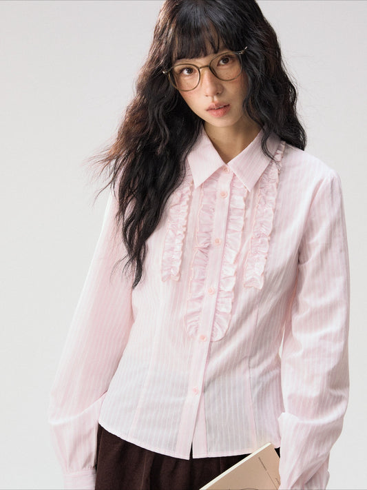 [CAN] “Pink Cherrywood” Pink & White Striped Ruffle Collar Blouse