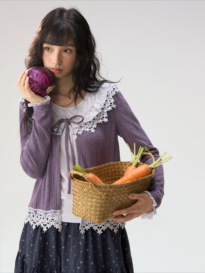 [CAN] “Rose in Bloom” Lavender Knit Cardigan & Floral Skirt 3-Piece Set