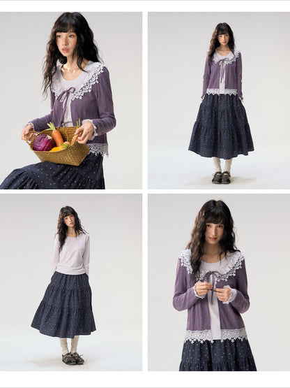[CAN] “Rose in Bloom” Lavender Knit Cardigan & Floral Skirt 3-Piece Set