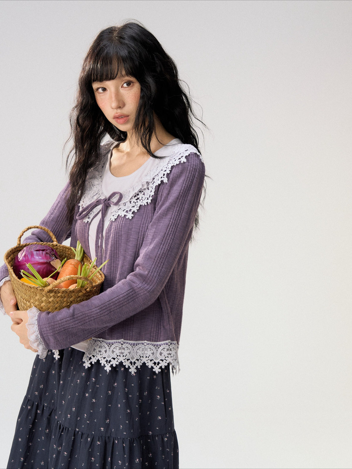 [CAN] “Rose in Bloom” Lavender Knit Cardigan & Floral Skirt 3-Piece Set