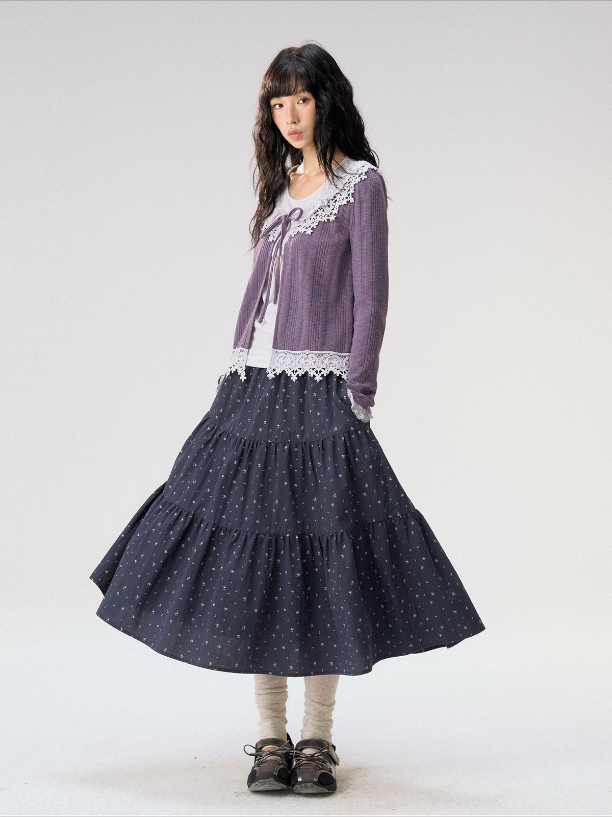 [CAN] “Rose in Bloom” Lavender Knit Cardigan & Floral Skirt 3-Piece Set