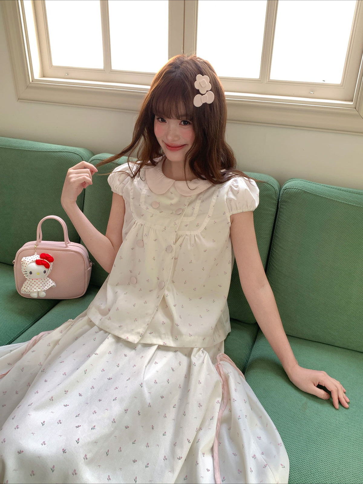 [RF] “White Peach Milk Foam” Pink & White Floral Polka Dot Two-Piece Set