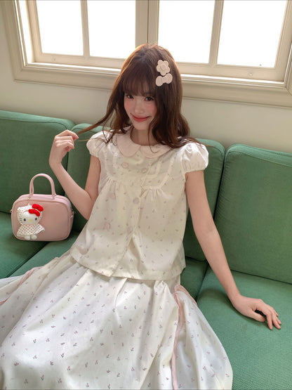 [RF] “White Peach Milk Foam” Pink & White Floral Polka Dot Two-Piece Set