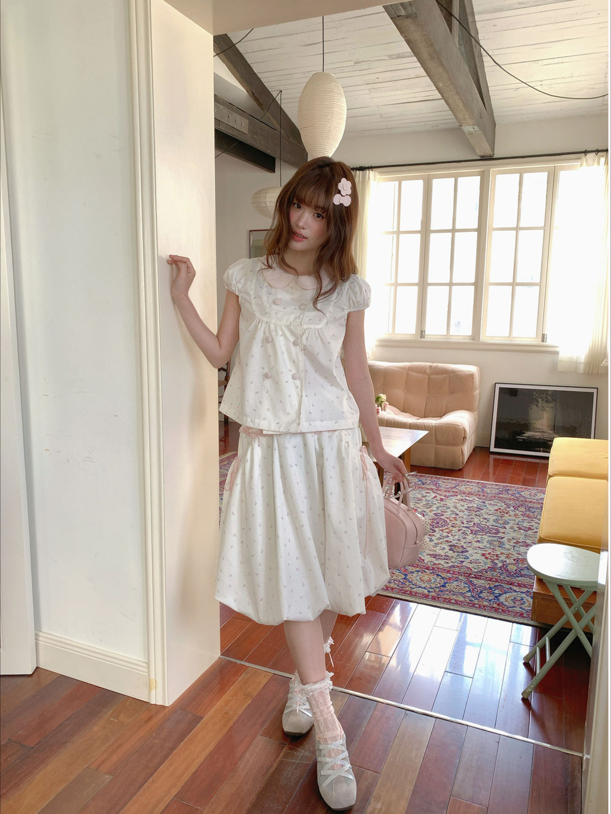 [RF] “White Peach Milk Foam” Pink & White Floral Polka Dot Two-Piece Set