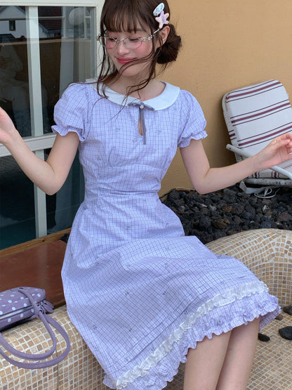 [RF] “Taro Milk Pudding” Purple Plaid Ruffle Midi Dress