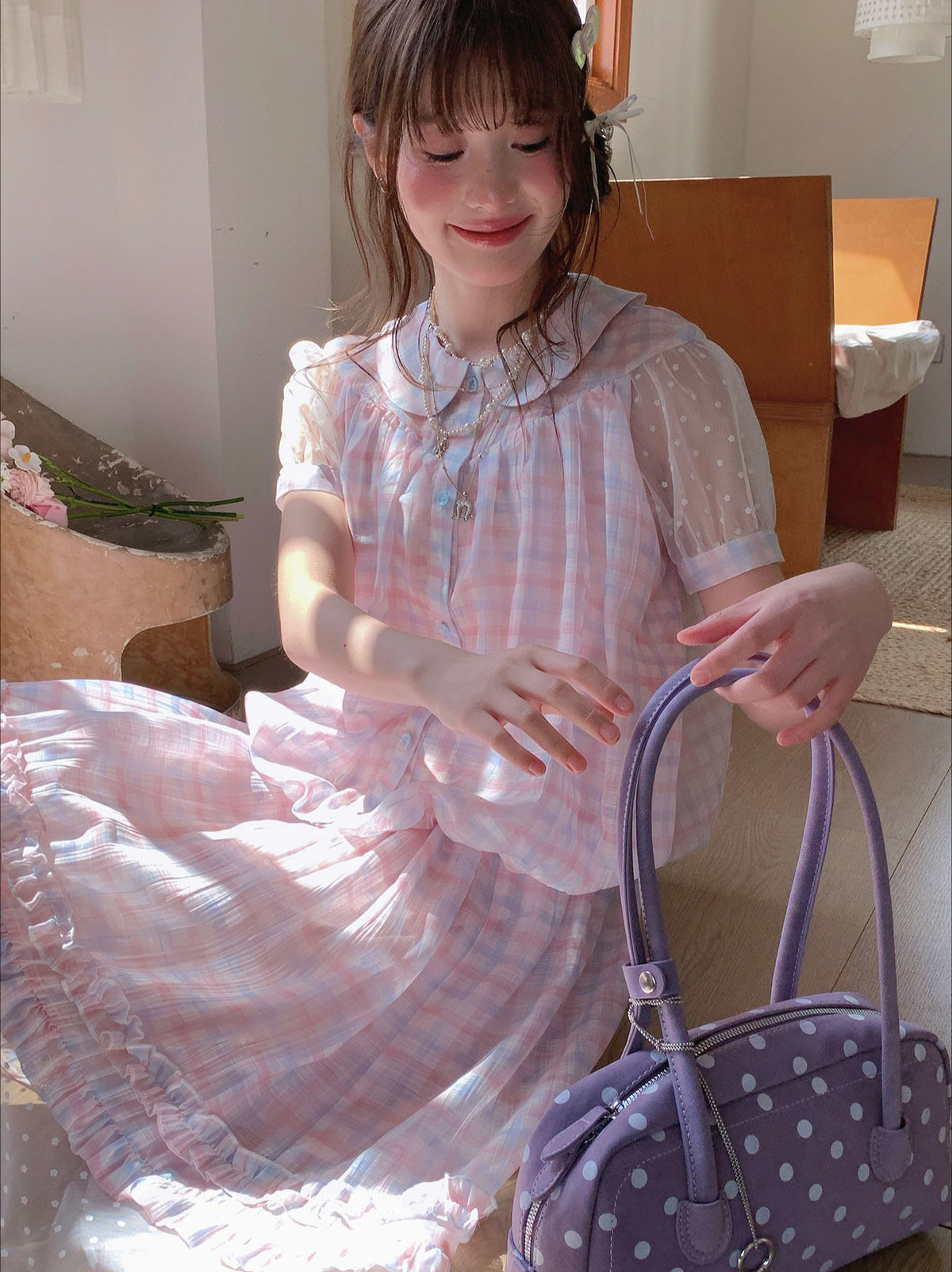 [RF] “Rainbow Cotton Candy” Blue & Pink Plaid Two-Piece Set