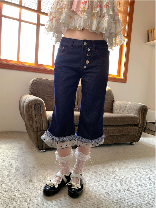 [RF] “Brown Sugar Milk Foam” Blue Vintage Patchwork Faux Two-Piece Cropped Jeans