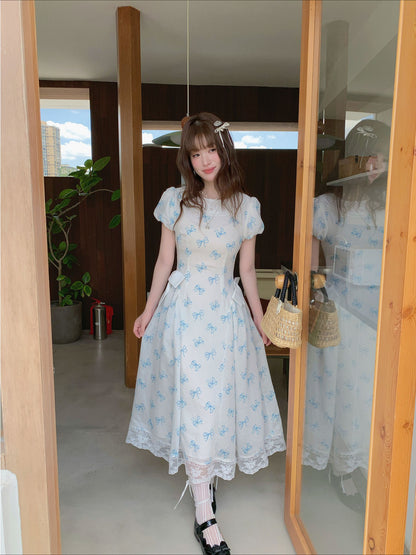 [RF] “Blue Butterfly Letter” Light Blue Floral Bow Midi Dress