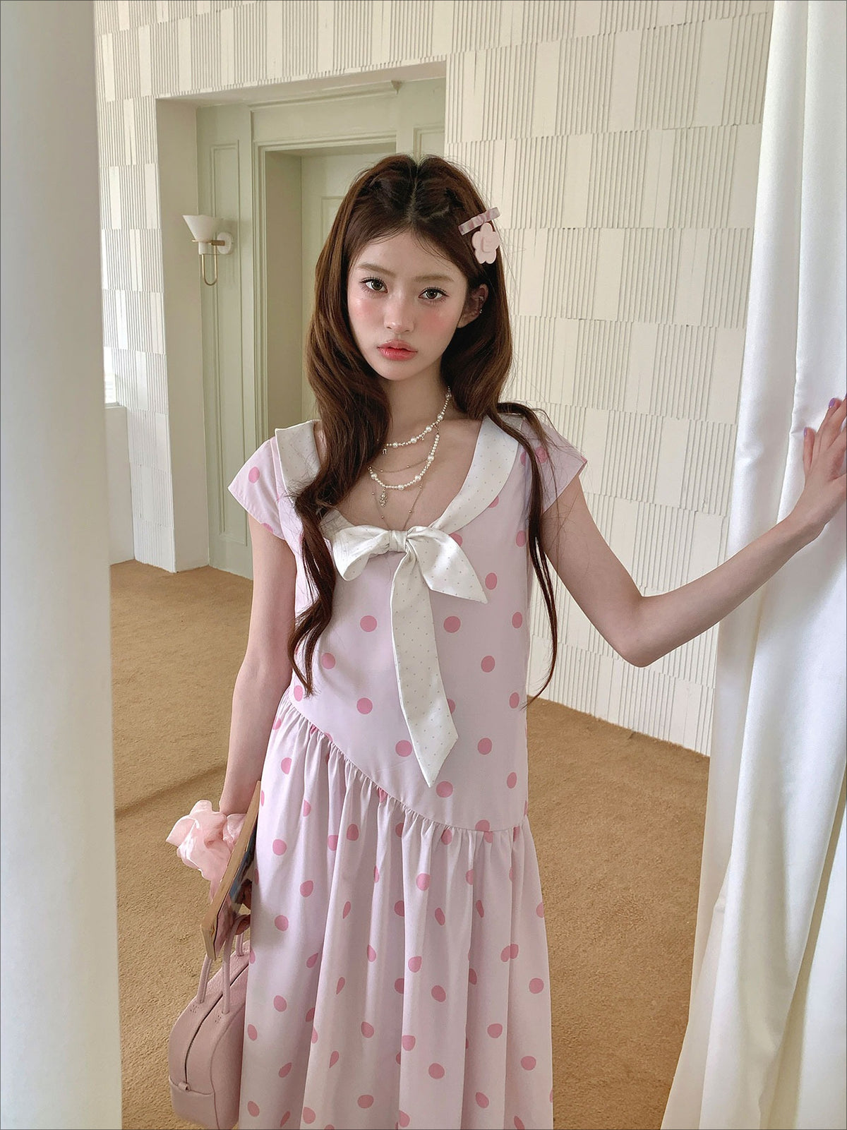 [RF] “Polka Dot Pudding” Soft Mist Pink Bow Lace-Trimmed Dress