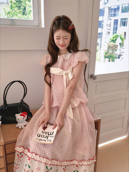 [RF] “Pink Camellia” Cherry Red Plaid Bow Two-Piece Set
