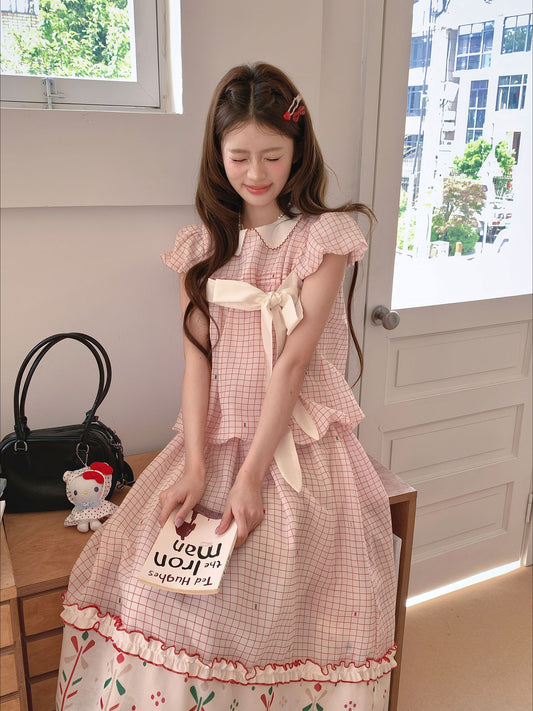 [RF] “Pink Camellia” Cherry Red Plaid Bow Two-Piece Set
