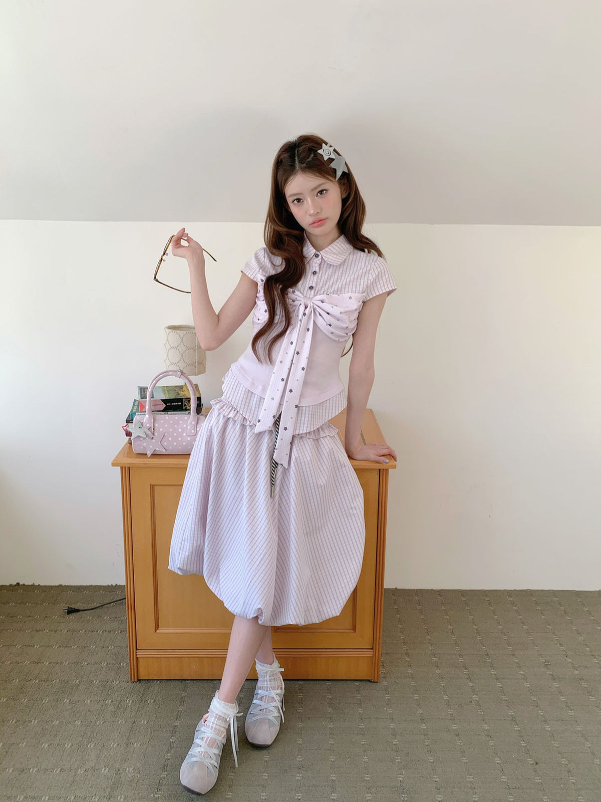 [RF] “Milk Taro Fizz” Soft Purple Striped Blouse & Bloom Skirt Set (Light Blue / Lavender)
