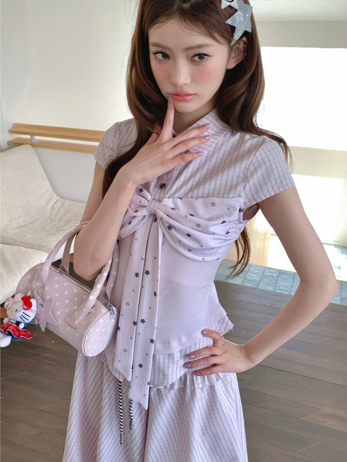 [RF] “Milk Taro Fizz” Soft Purple Striped Blouse & Bloom Skirt Set (Light Blue / Lavender)