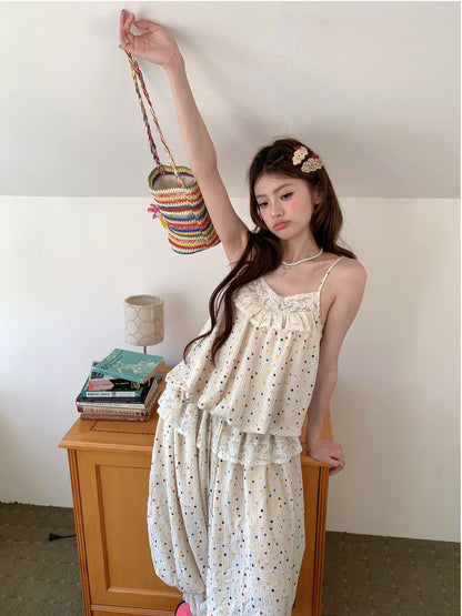 [RF] “Milk Cloud” Ivory Rainbow Polka Dot Bloom Pants Set